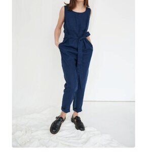 Linenfox Deep Navy Sleeveless Linen Jumpsuit with Waist Tie